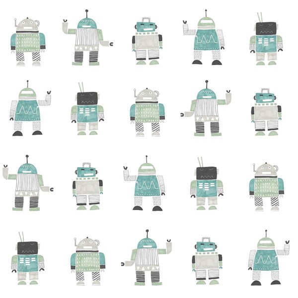 Manhattan Comfort Hayward Callum Teal Robots 33 ft L X 209 in W Wallpaper BR4060-138938 - main